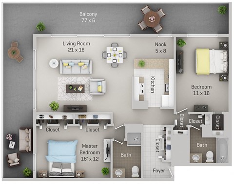 Floor plan for 2 beds, 2 baths, 1220 sqft